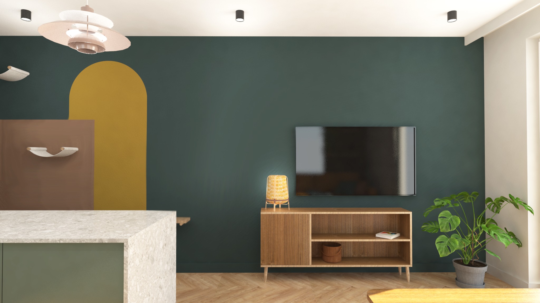 Nowoczesny salon w Gdańsku z zieloną ścianą, drewnianą komodą pod telewizorem, lampką z abażurem z rattanu i rośliną doniczkową; na ścianie dekoracje w kolorach ziemi.
