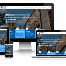 Responsywna strona internetowa firmy Dabro Went wyświetlana na laptopie, monitorze, tablecie i smartfonie, prezentująca ofertę hurtowni wentylacji i klimatyzacji.