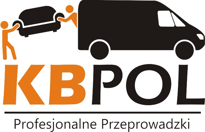 Grafika wektorowa przedstawiająca logo firmy KB POL: pomarańczowe figury niosące sofę do czarnego busa, pod spodem napis 'KB POL' i 'Profesjonalne Przeprowadzki'.