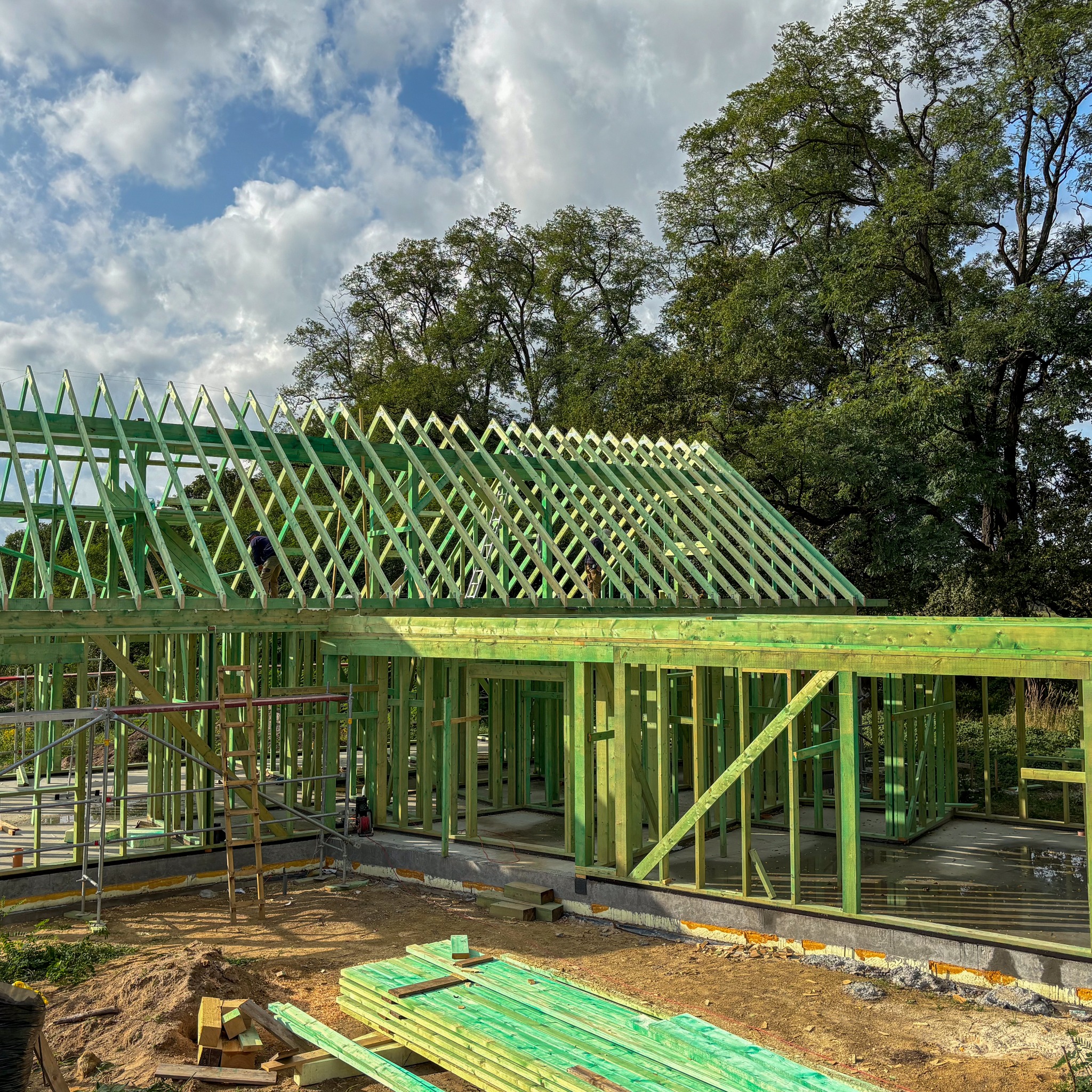 Konstrukcja domu szkieletowego w Osielsku, widoczne zielone drewniane elementy szkieletu i więźby dachowej, na tle drzew i błękitnego nieba z chmurami. Na dachu pracuje monter.