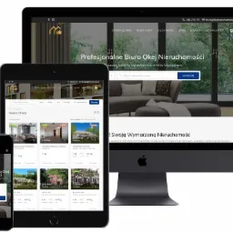 Responsywna strona internetowa biura nieruchomości Okej Nieruchomości wyświetlana na monitorze iMac, tablecie iPad i smartfonie iPhone.