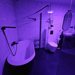 DrabMar - Nowoczesna łazienka z wolnostojącą wanną, umywalkami nablatowymi i marmurowymi płytkami ściennymi, oświetlona fioletowym światłem.