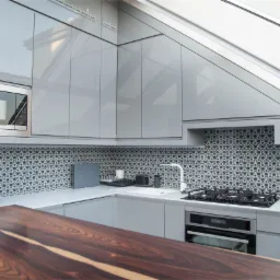 Szara kuchnia z połyskiem, skośny sufit z oknem dachowym, mozaika heksagonalna na ścianie, ekspres do kawy i drewniany blat na pierwszym planie.