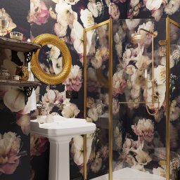 Wallpapered Bathroom
Project: Classic For Four
Location: Austria, Vienna
Floor area: 4m²

Black as a deep rich colour is great for a small bathroom to create a trendy design. This space features white and pink floral wallpaper with a dark background, fitte