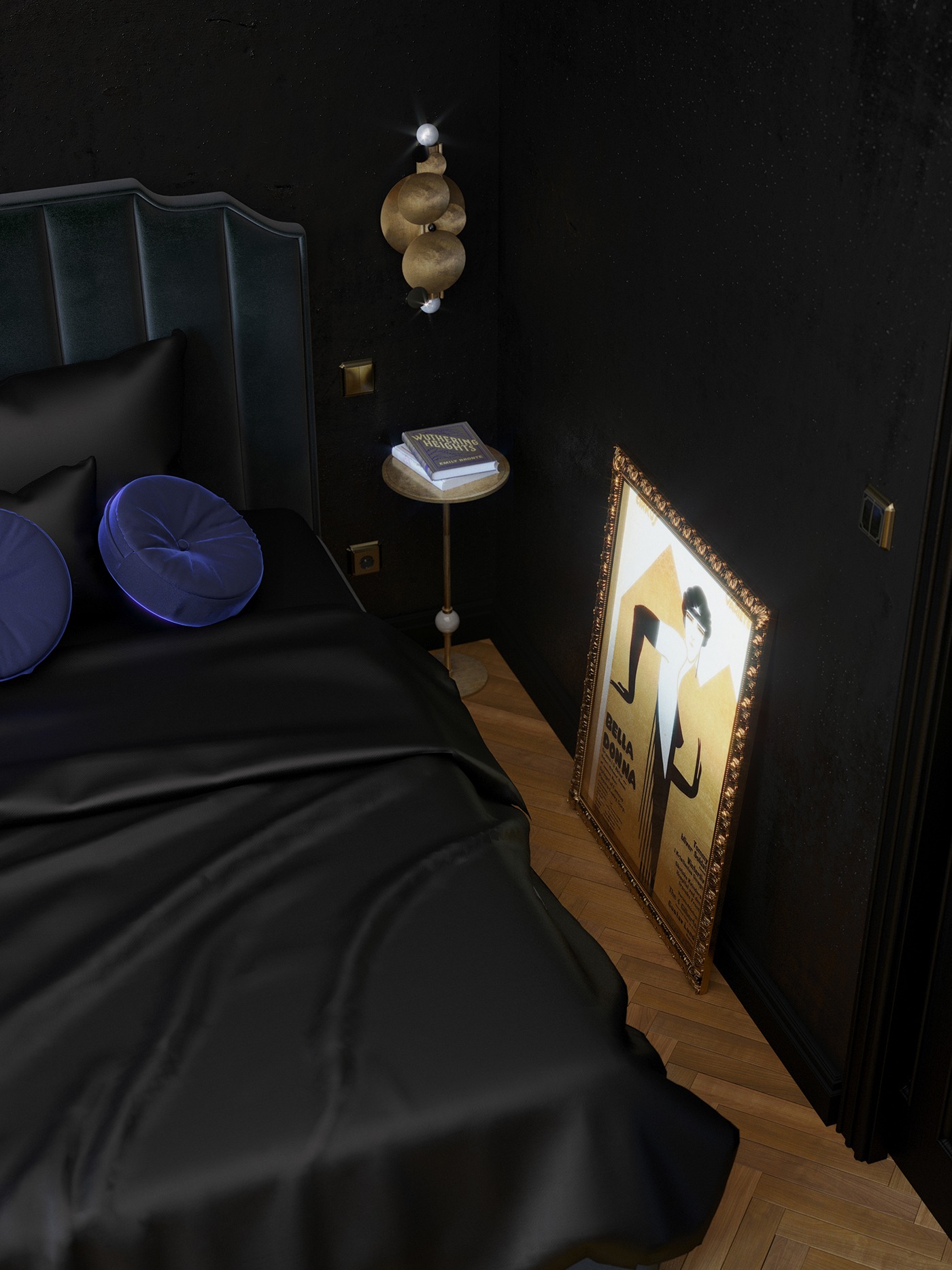 Czarna sypialnia z satynową pościelą, okrągłymi, niebieskimi poduszkami, stolikiem nocnym z książką, złotą lampą ścienną i plakatem w złotej ramie opartym o ścianę.