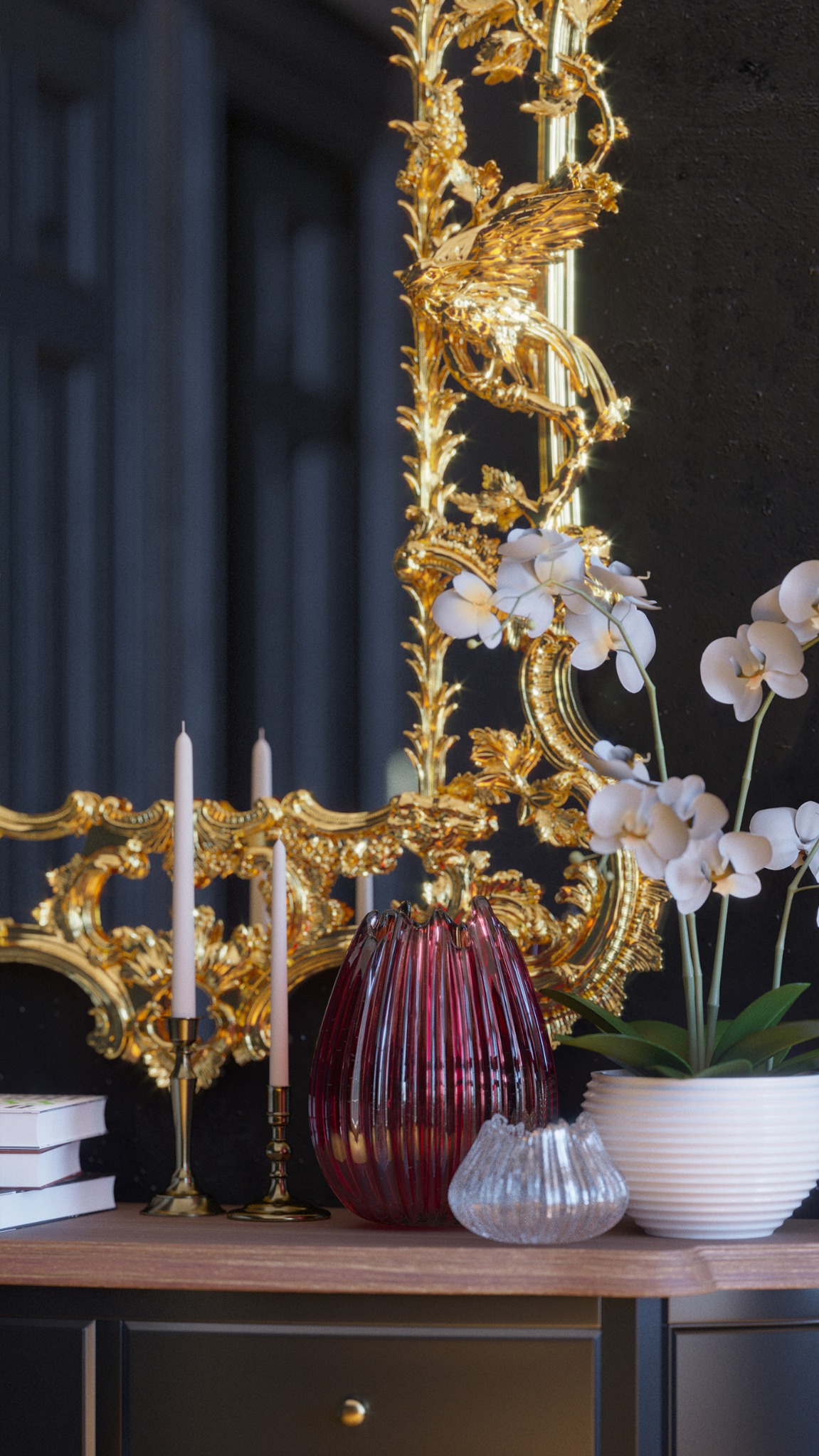 Dekoracyjny stolik z czarnymi szufladami, na którym stoją: czerwony wazon z prążkami, szklana miseczka, biała doniczka z orchideą, złote świeczniki z zapalonymi świecami oraz książki. W tle...