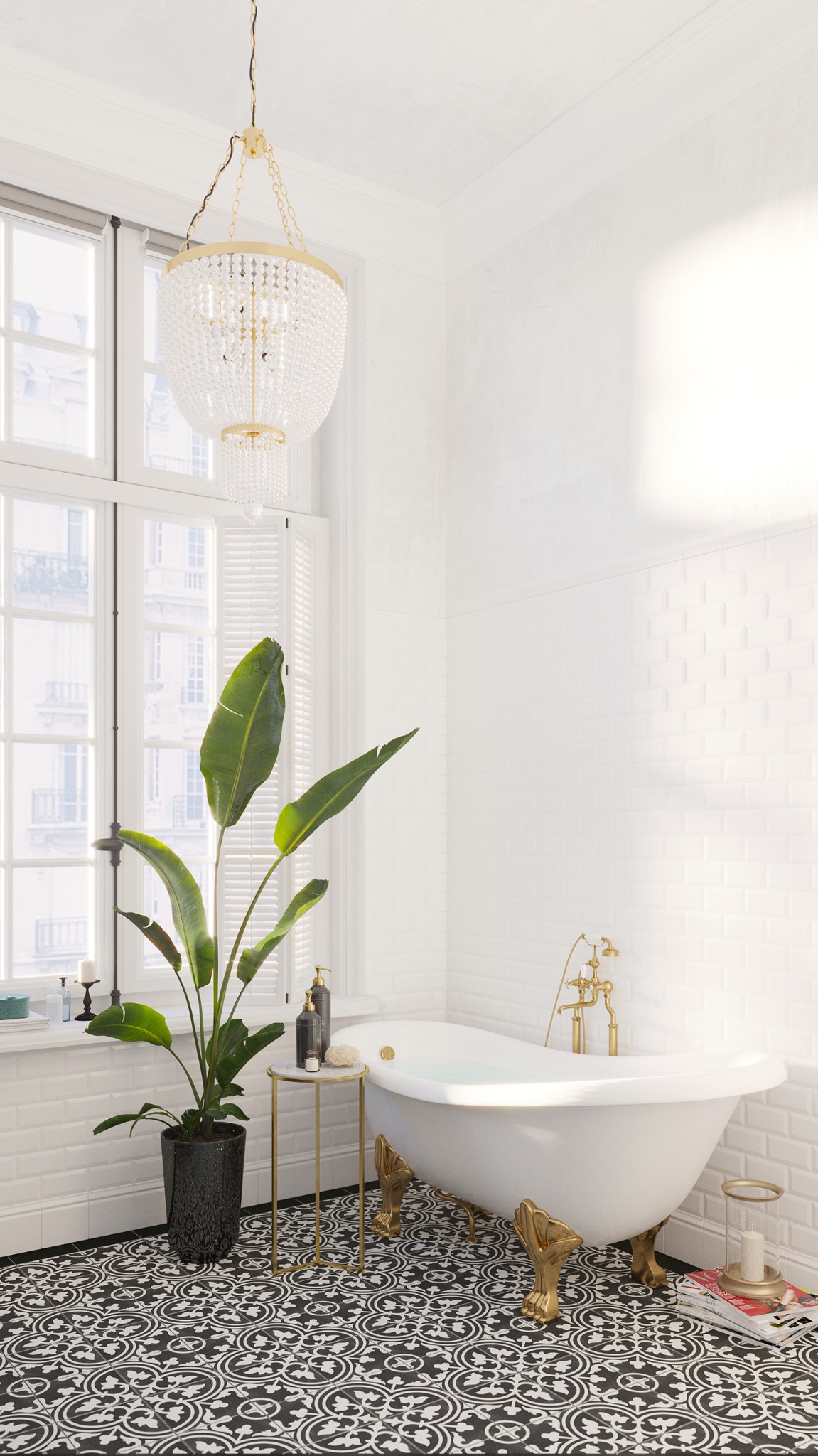 Jasna łazienka w stylu klasycznym z wolnostojącą wanną na złotych nóżkach, czarno-białą wzorzystą podłogą, kryształowym żyrandolem, dużą rośliną w donicy i oknem z widokiem na miasto.