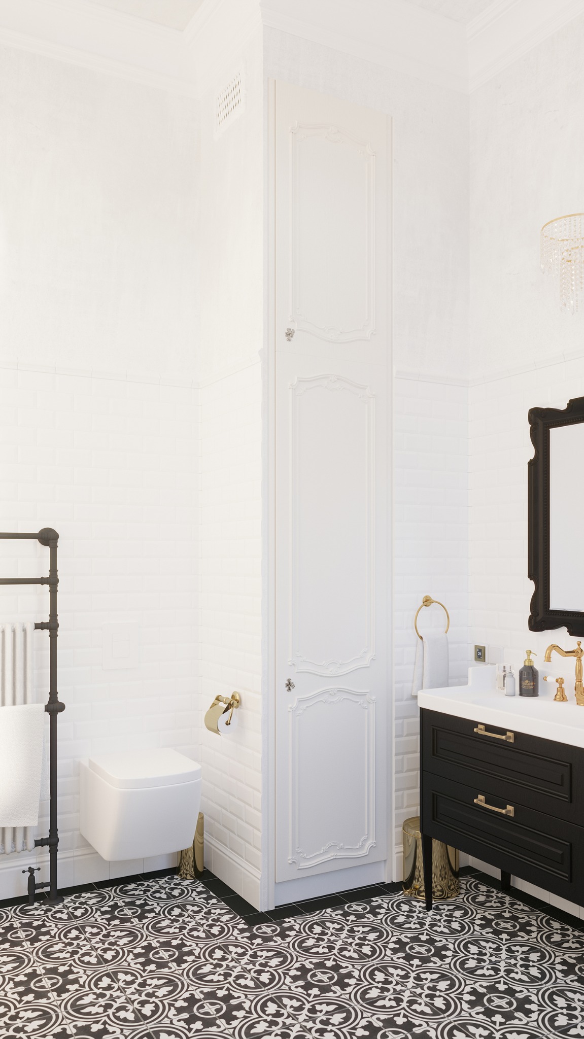 Biała łazienka w stylu klasycznym z czarno-białą wzorzystą podłogą, wiszącą toaletą, czarną szafką pod umywalką z elementami złota i wysoką białą szafą wbudowaną w ścianę.