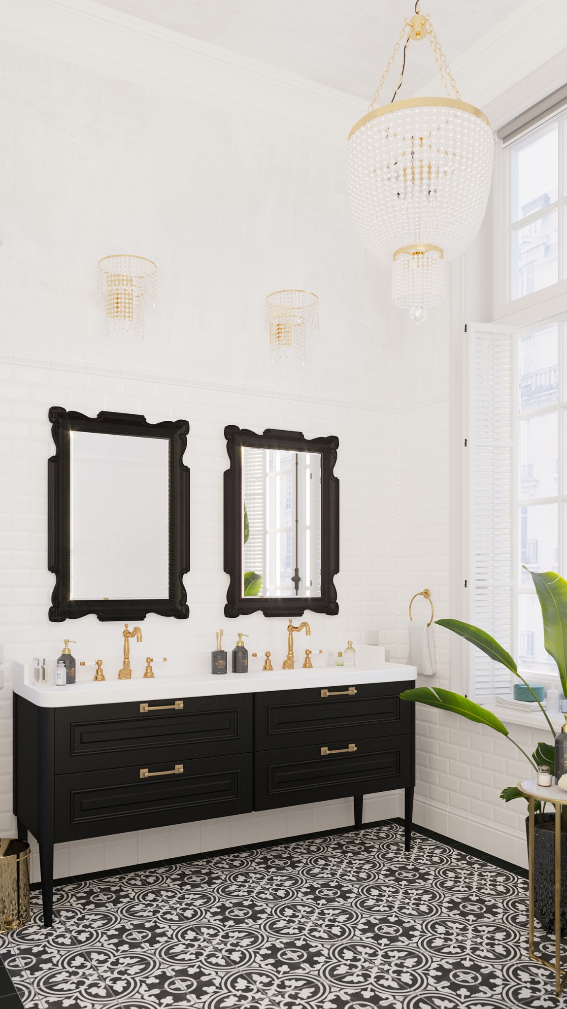 Elegancka łazienka w stylu klasycznym z czarną szafką pod umywalką, dwoma lustrami w czarnych ramach, złotą armaturą, wzorzystą czarno-białą podłogą i kryształowym żyrandolem.