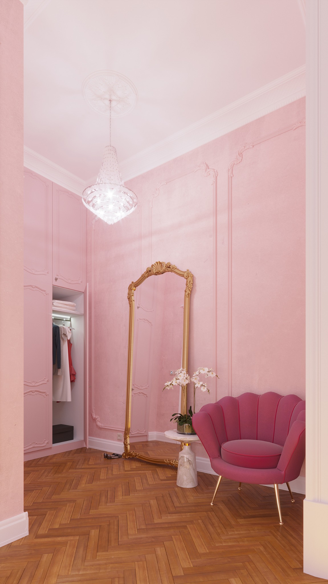 Różowy pokój dziewczęcy w stylu klasycznym: duże lustro w złotej ramie, fotel w kształcie muszli, kryształowy żyrandol, parkiet w jodełkę i otwarta szafa z ubraniami.