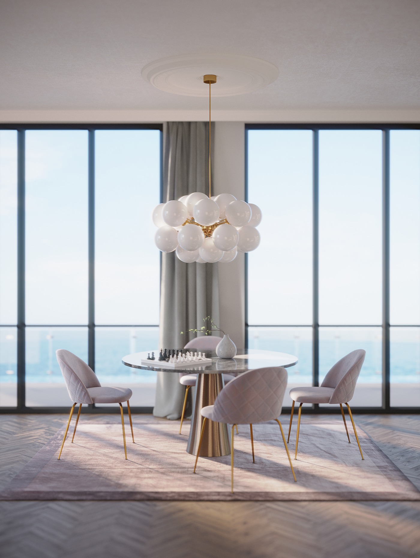Jasne wnętrze z okrągłym marmurowym stołem, na którym stoi szachownica i wazon z gałązkami, otoczonym czterema welurowymi krzesłami na złotych nogach, pod kulistym żyrandolem, z widokiem na morze...