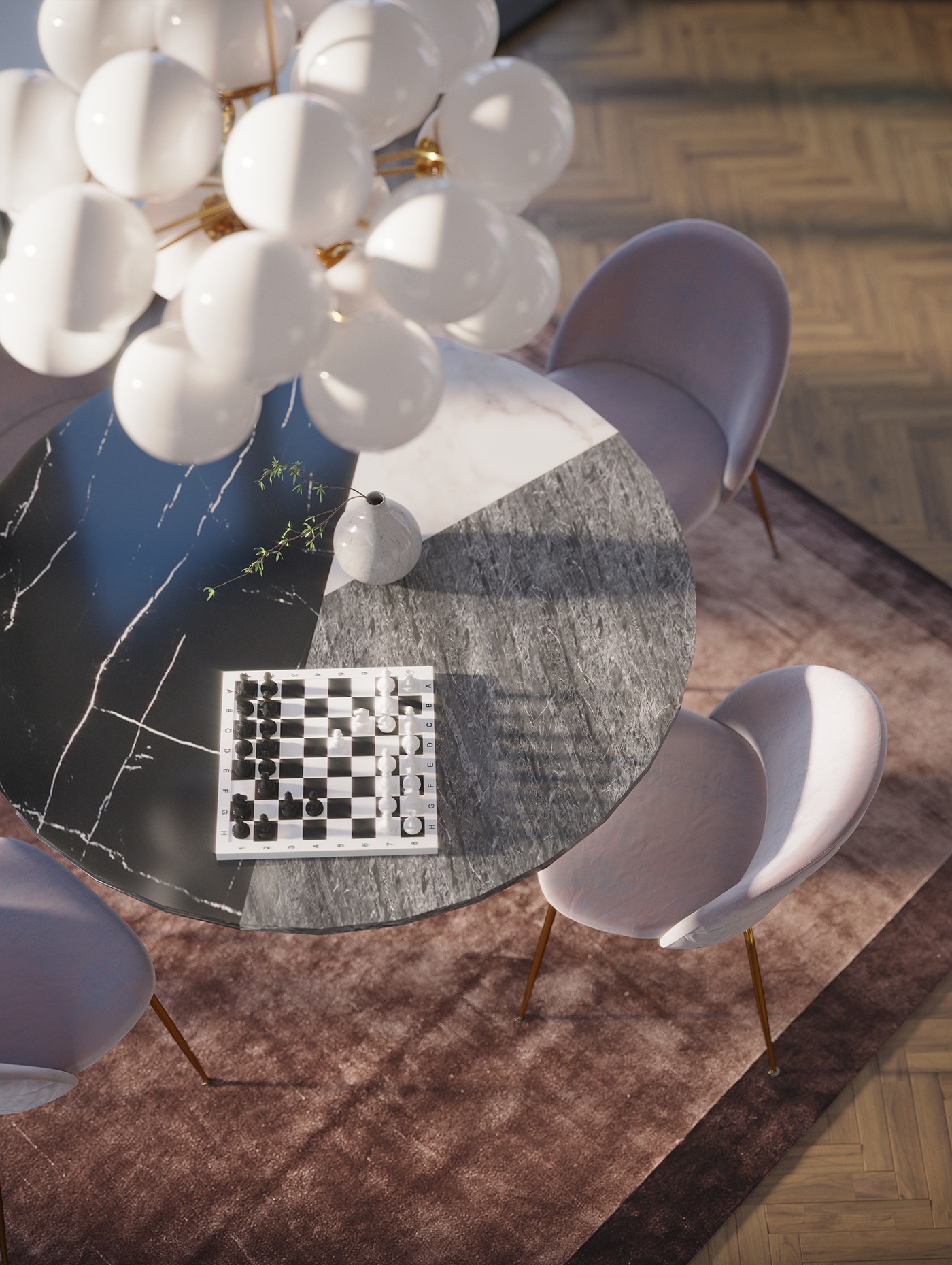 Widok z góry na okrągły stół z marmurowym blatem, na którym stoi szachownica i mały wazon z gałązkami, otoczony trzema krzesłami z tapicerką w odcieniu pudrowego różu. Nad stołem wisi nowoczesna...
