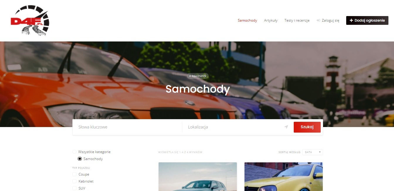 Strona główna portalu z ogłoszeniami motoryzacyjnymi D4F.pl z widocznymi samochodami w tle i polem wyszukiwania.