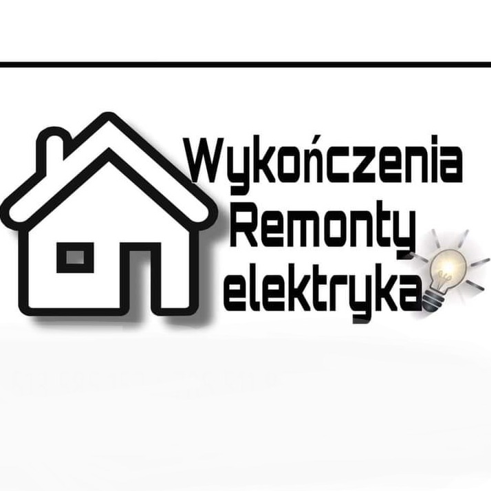 Grafika firmowa z ikoną domu, napisem 'Wykończenia Remonty elektryka' i żarówką symbolizującą usługi elektryczne.