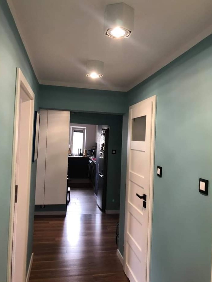 Korytarz w mieszkaniu po remoncie: ściany pomalowane na turkusowo, drewniana podłoga, białe drzwi i dwa nowoczesne, sześciokątne plafony sufitowe z ciepłym białym światłem.