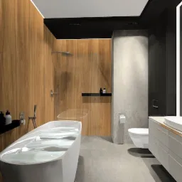 Wizualizacja nowoczesnej łazienki z drewnianą okładziną ścian, wolnostojącą wanną wypełnioną wodą, umywalką nablatową i szarą strefą prysznicową.