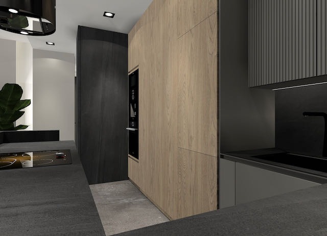 Nowoczesna kuchnia w odcieniach szarości i drewna z zabudowaną płytą indukcyjną i piekarnikiem, minimalistyczna armatura i oświetlenie punktowe.