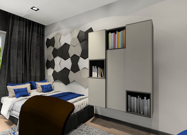 Nowoczesny pokój z łóżkiem, geometryczną ścianą 3D i zabudowaną biblioteczką z półkami.