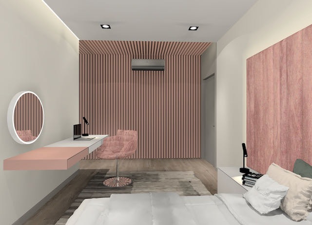Wizualizacja sypialni z biurkiem, okrągłym lustrem z podświetleniem LED, różową ścianą z pionowych paneli, klimatyzatorem i łóżkiem z białą pościelą.