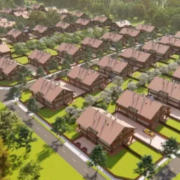 Wizualizacja osiedla domów jednorodzinnych z brązowymi dachami, widok z lotu ptaka, regularny układ, zieleń drzew i trawników, żółty samochód przed jednym z domów.