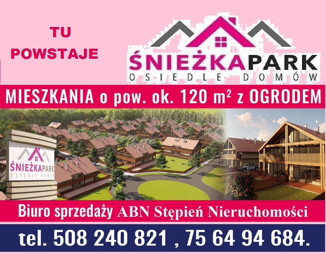 Wizualizacja osiedla domów 'Śnieżka Park' z informacją o sprzedaży mieszkań o powierzchni około 120 m² z ogrodem, kontakt do biura sprzedaży ABN Stępień Nieruchomości.