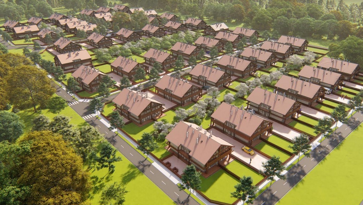 Wizualizacja osiedla domów jednorodzinnych z brązowymi dachami, widok z lotu ptaka, regularny układ, zieleń drzew i trawników, żółty samochód przed jednym z domów.