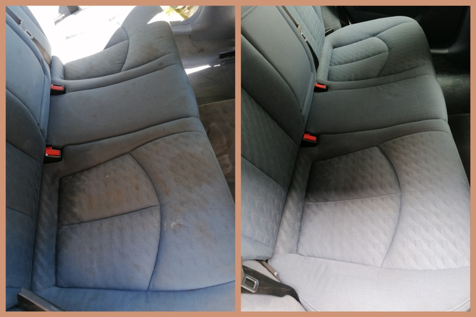 Porównanie: tylna kanapa samochodu przed i po czyszczeniu, widoczne wyraźne różnice w czystości tapicerki.