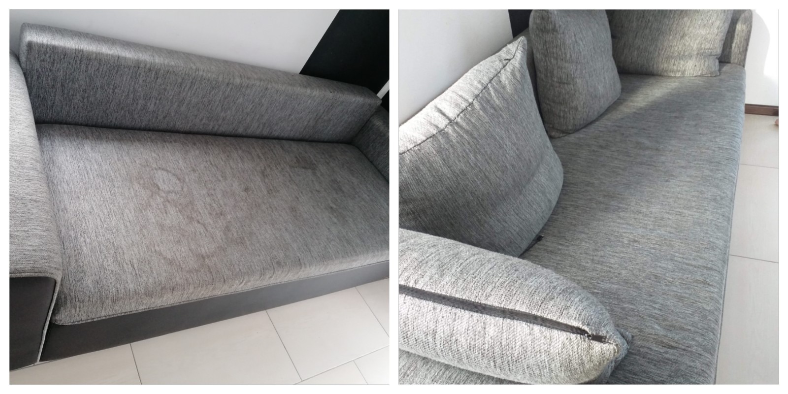 Porównanie: fragment szarej sofy z widocznym plamą przed czyszczeniem i fragment sofy po czyszczeniu z poduszkami, ukazujący różnicę w wyglądzie.