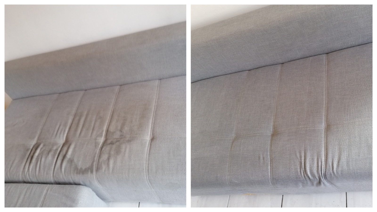 Szara kanapa modułowa: porównanie stanu przed (z plamami) i po praniu tapicerki.
