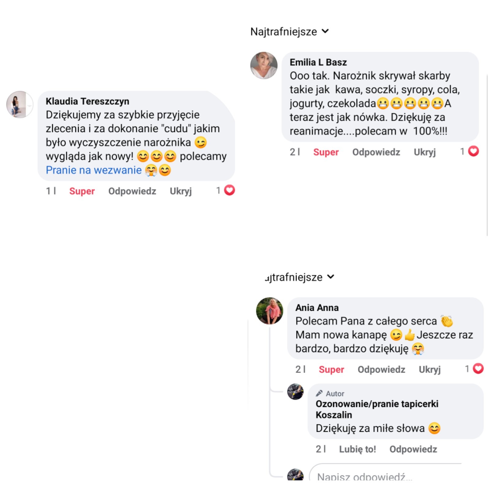 Zrzut ekranu z komentarzami klientów na Facebooku, chwalących efekty czyszczenia narożnika i kanapy przez firmę 'Ozonowanie/pranie tapicerki Koszalin'. Klienci używają emotikonów wyrażających...