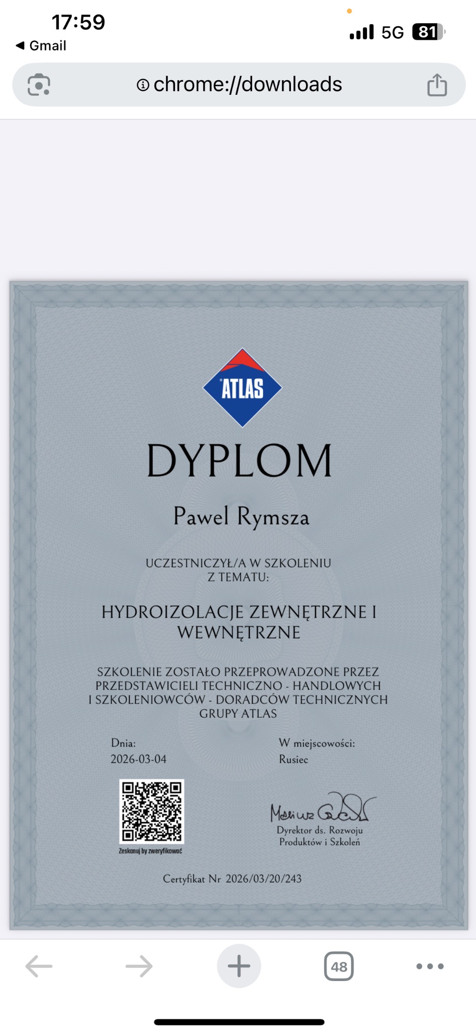 Dyplom Atlas dla Pawła Rymszy za szkolenie z hydroizolacji zewnętrznej i wewnętrznej. Certyfikat z datą 2026-03-04 i kodem QR do weryfikacji.