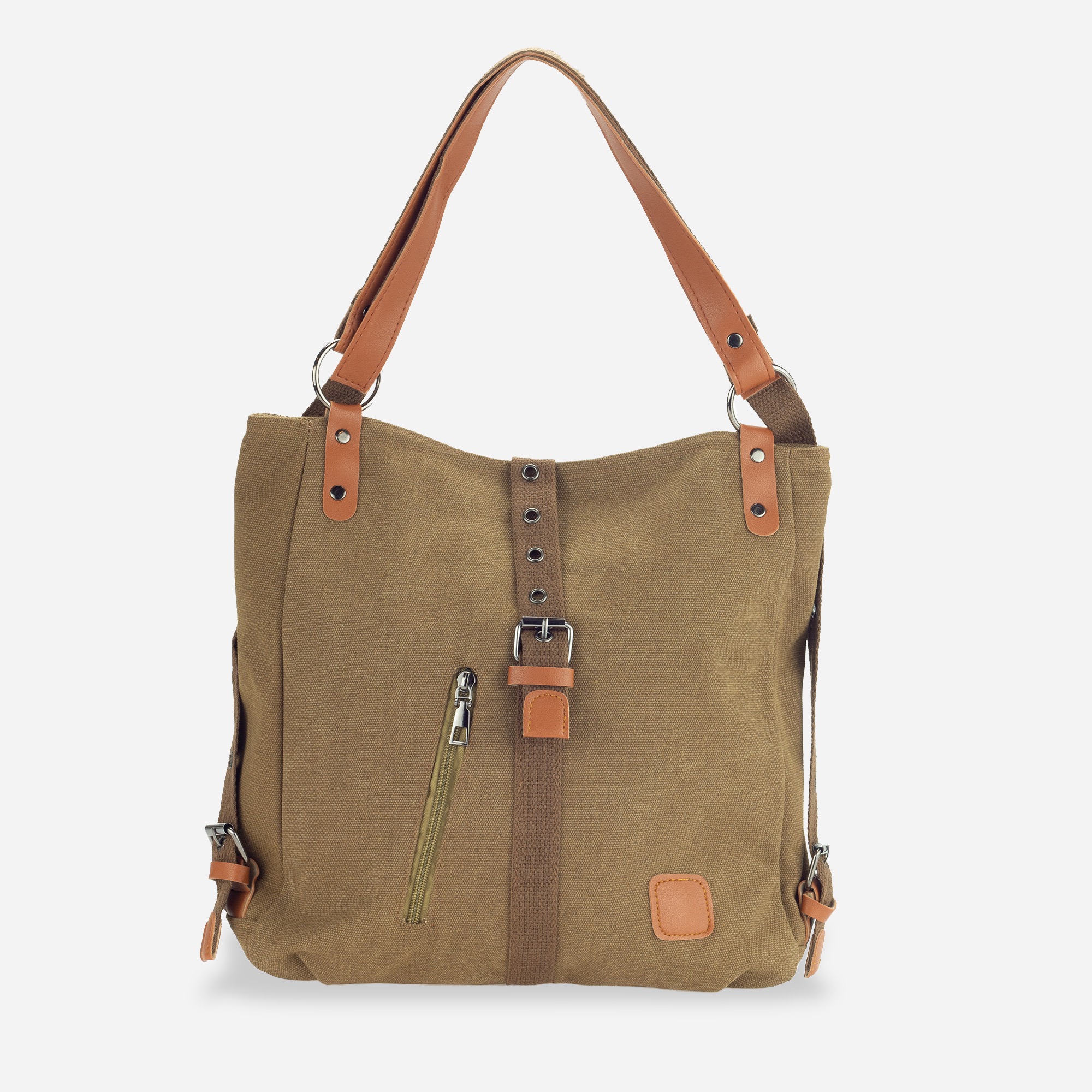 Khaki canvas tote bag with brown leather straps and detailing, featuring a front zipper pocket and adjustable buckle strap, suspended against a clean white background.