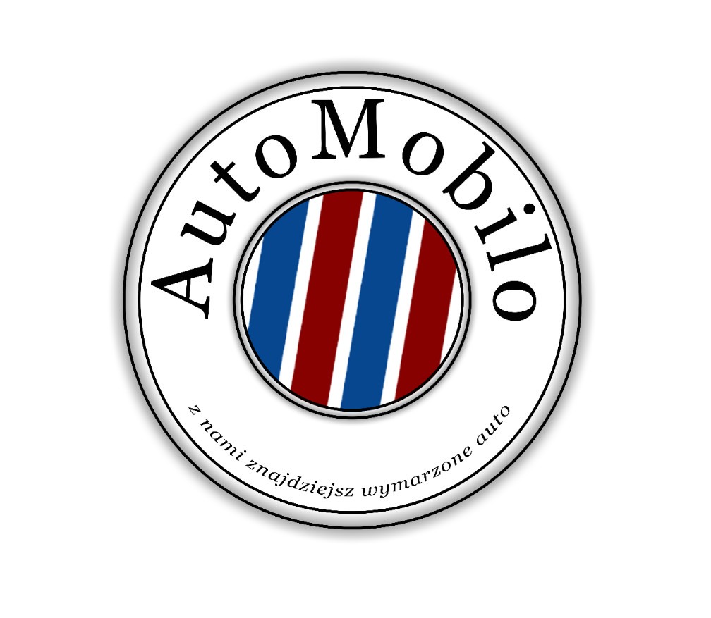Okrągłe logo firmy 'Auto Mobilo' z niebiesko-czerwonymi paskami w centrum i hasłem 'Z nami znajdziesz wymarzone auto' na obwodzie.