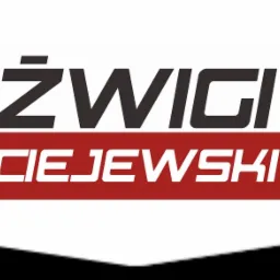 Logo firmy Dźwigi Maciejewski z graficznym przedstawieniem haka dźwigowego w kolorach czerni, czerwieni i bieli.