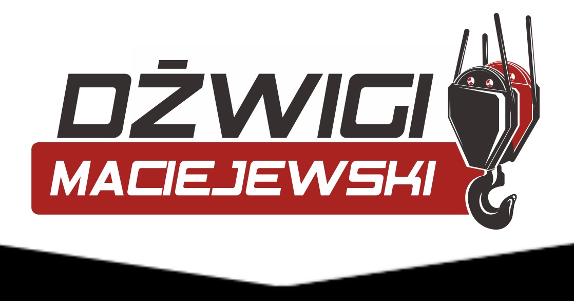 Logo firmy Dźwigi Maciejewski z graficznym przedstawieniem haka dźwigowego w kolorach czerni, czerwieni i bieli.