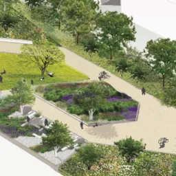 Wizualizacja parku kieszonkowego z perspektywy lotu ptaka, prezentująca zróżnicowane strefy: trawnik, rabaty kwiatowe z lawendą, ścieżki z nawierzchni mineralnej, drzewa i krzewy, oraz sylwetki...