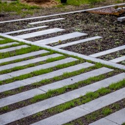 KA Kobierska Pracownia Projektowa - Geometryczny układ betonowych płyt chodnikowych z młodą trawą rosnącą pomiędzy nimi, tworzący nowoczesną ścieżkę w ogrodzie.