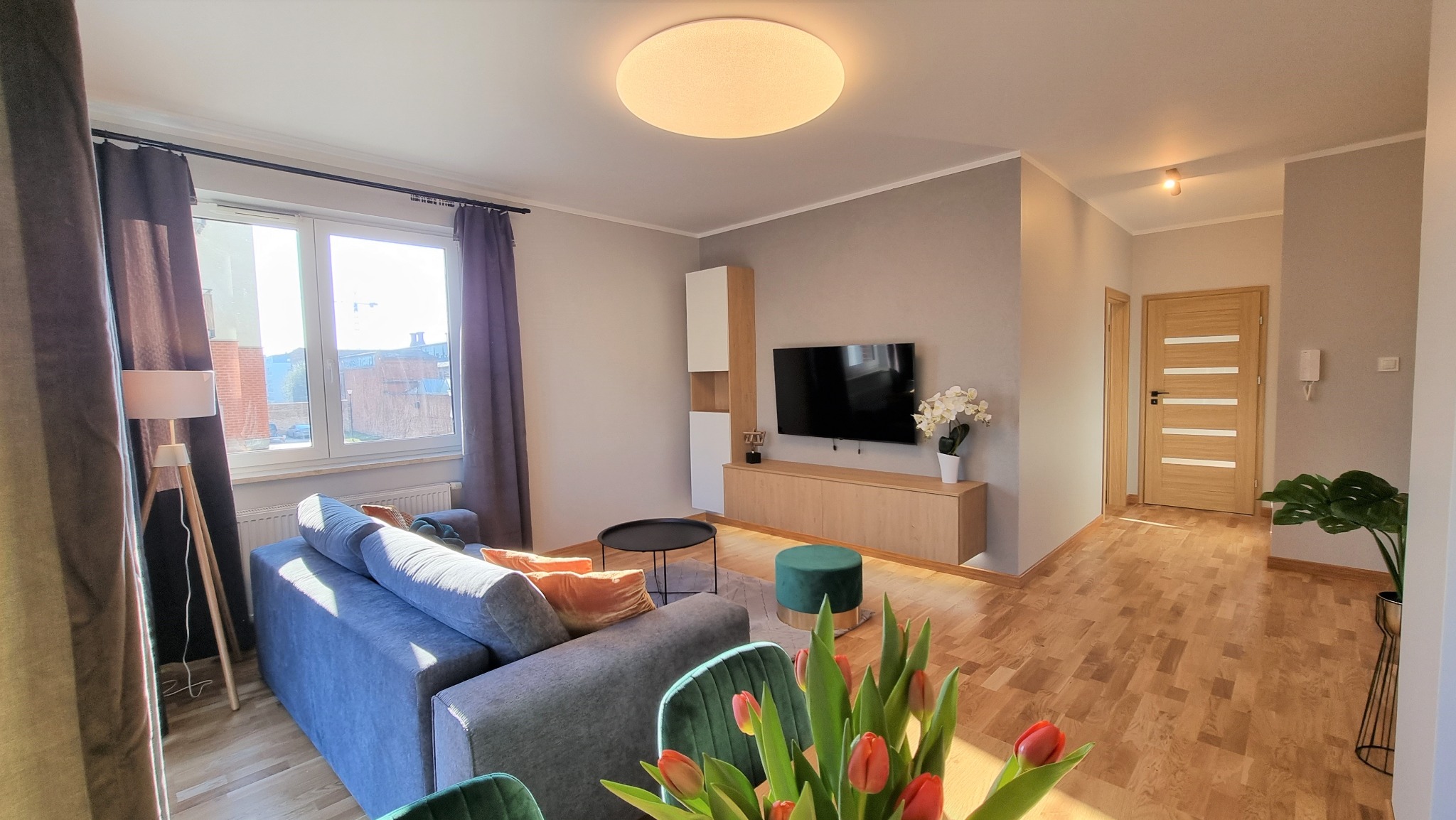 Jasne wnętrze salonu w Skotnikach z drewnianą podłogą, szarą sofą i telewizorem na ścianie. Widoczne kwiaty i lampa podłogowa, tworzące przytulną atmosferę.