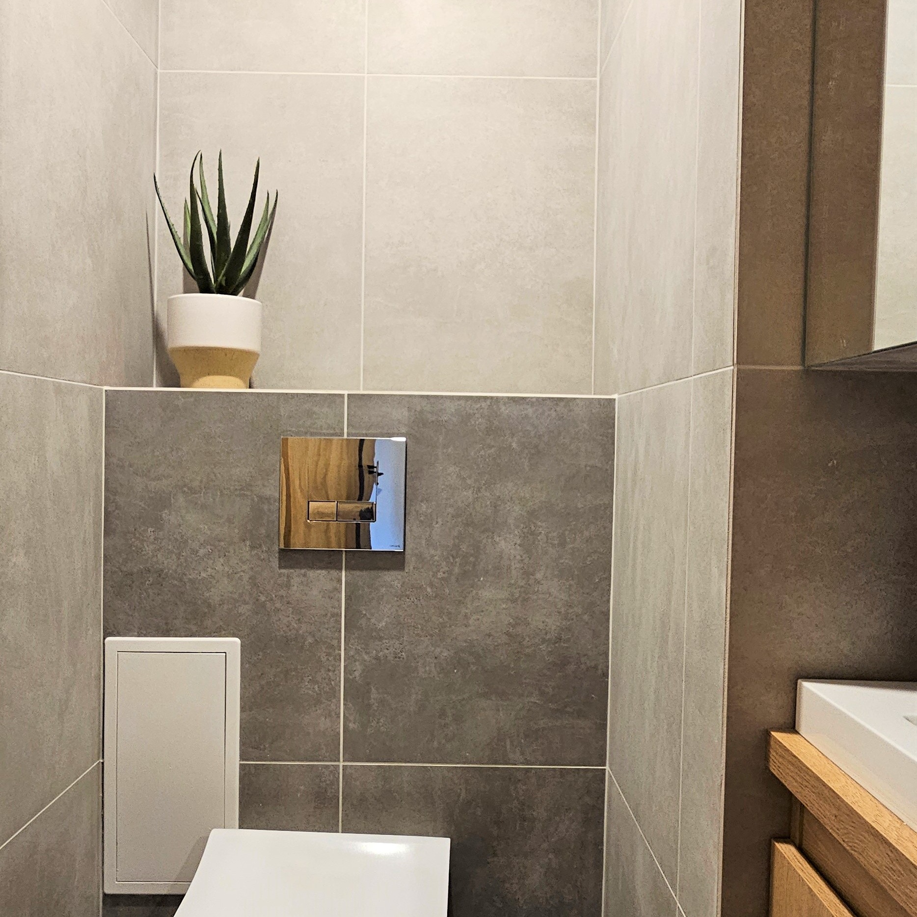 Nowoczesna łazienka z szarymi płytkami, chromowanym przyciskiem spłuczki i rośliną w doniczce. Minimalistyczny design, jasne fugi, fragment umywalki z drewnianą szafką.