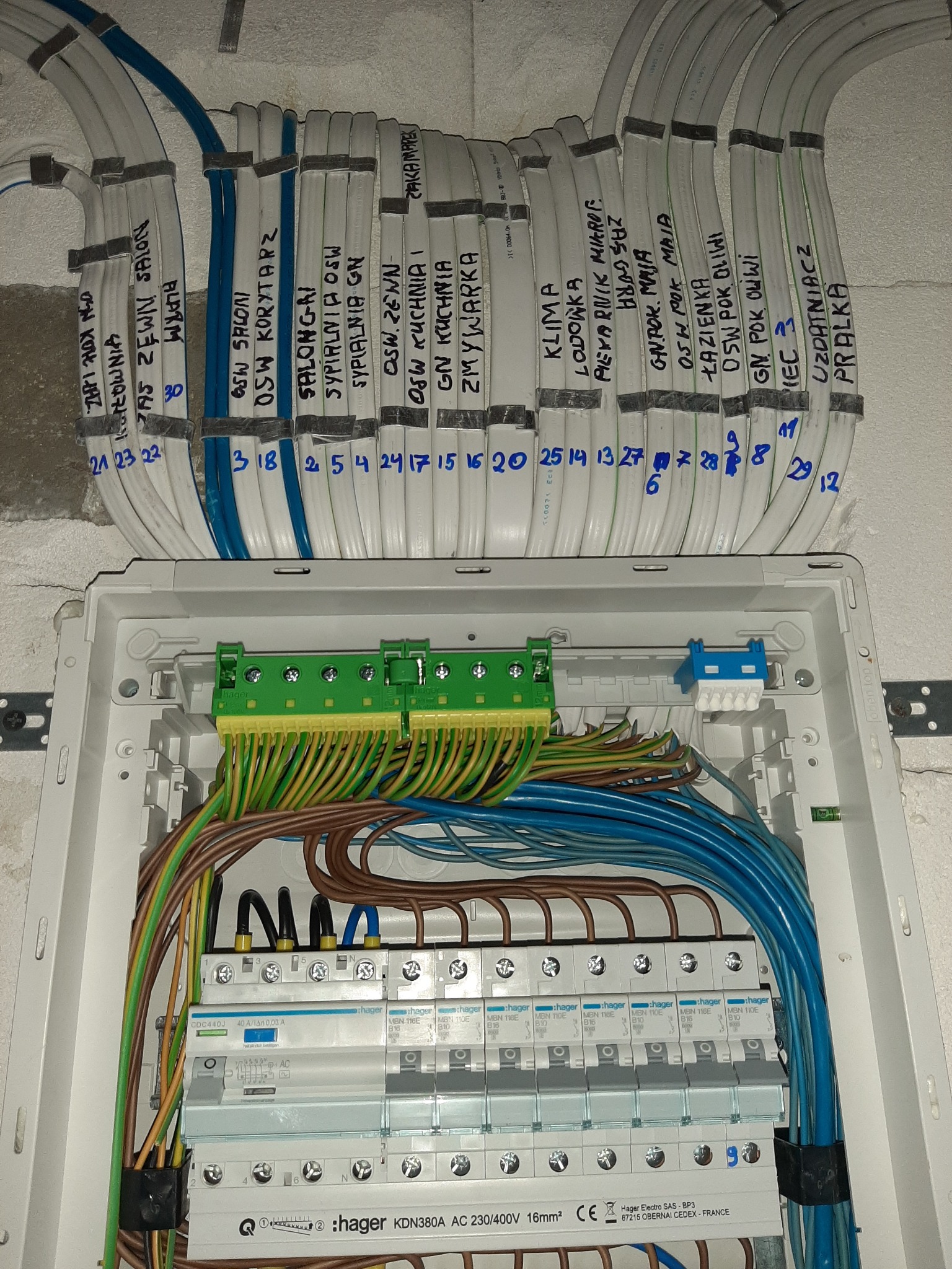 Rozdzielnia elektryczna Hager z podłączonymi przewodami oznaczonymi nazwami pomieszczeń, widok z góry. Kable ułożone równolegle, przymocowane do ściany.