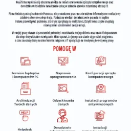 Grafika informacyjna firmy IT przedstawiająca ofertę usług: serwis laptopów i komputerów PC, naprawa oprogramowania, konfiguracja sprzętu komputerowego, archiwizacja danych, odzyskiwanie danych...