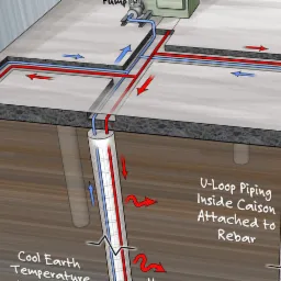 Schemat instalacji pompy ciepła gruntowej z zamkniętym obiegiem pionowym, rury U-loop wewnątrz kesonów przymocowane do zbrojenia, strzałki wskazują kierunek przepływu medium grzewczego.