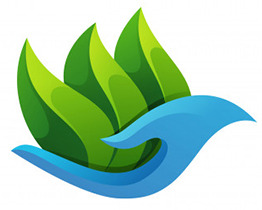 Stylizowane logo przedstawiające niebieską dłoń trzymającą cztery zielone liście o różnej intensywności barw, symbolizujące naturę i ekologię.