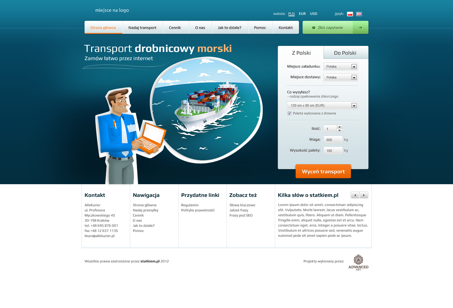 Ilustracja strony internetowej firmy transportowej, prezentująca postać z laptopem na tle statku z kontenerami i formularza zamówienia transportu drobnicowego morskiego.