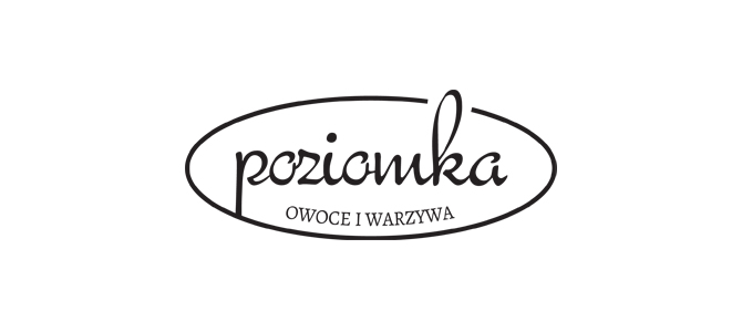 Logo firmy 'Poziomka' z napisem 'owoce i warzywa' w czarnej, ozdobnej czcionce, umieszczone w owalu.