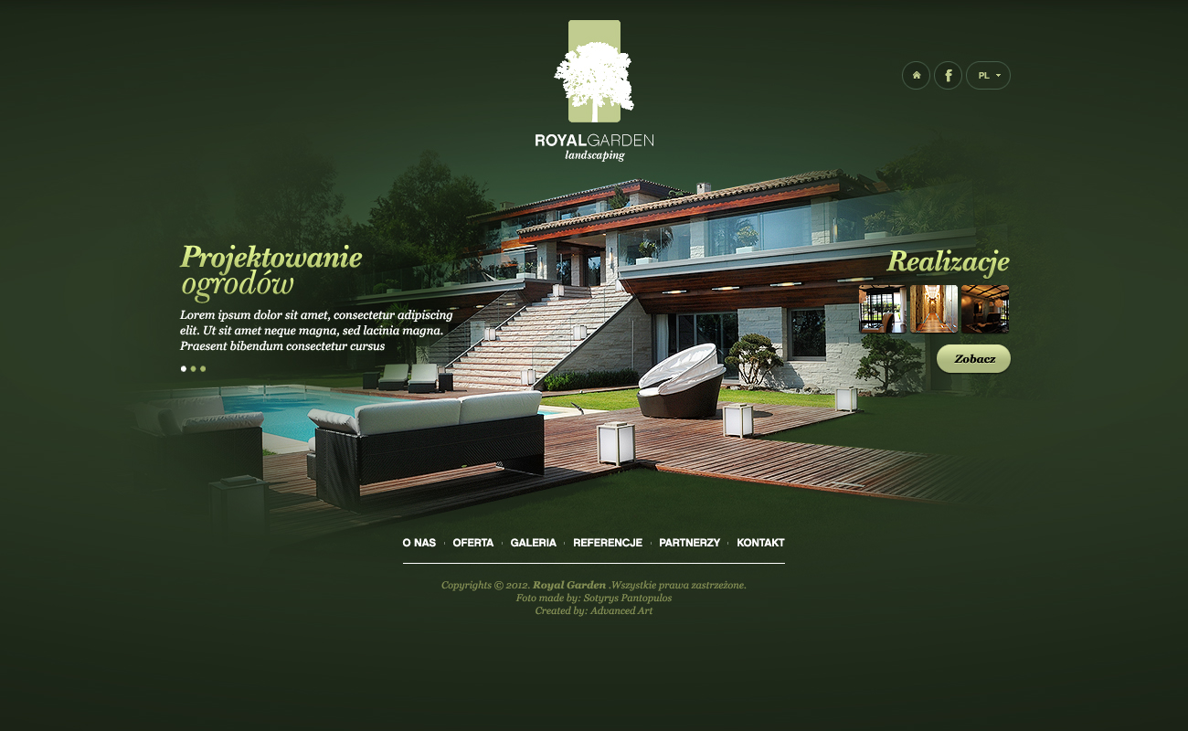 Projekt strony internetowej firmy Royal Garden landscaping z wizualizacją domu z ogrodem, basenem i tarasem.