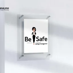 Tabliczka z logo 'Be Safe usługi księgowe' w przezroczystej ramce, przymocowana do białej ściany. W lewym górnym rogu logo 'Creative Star studio graficzne'.