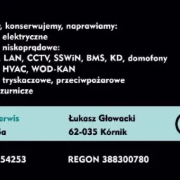 Wizytówka firmy Multitechserwis oferującej montaż, konserwację i naprawę instalacji elektrycznych, niskoprądowych (SSP, DSO, LAN, CCTV, SSWIN, BMS, KD, domofony), HVAC, WOD-KAN, tryskaczowych...