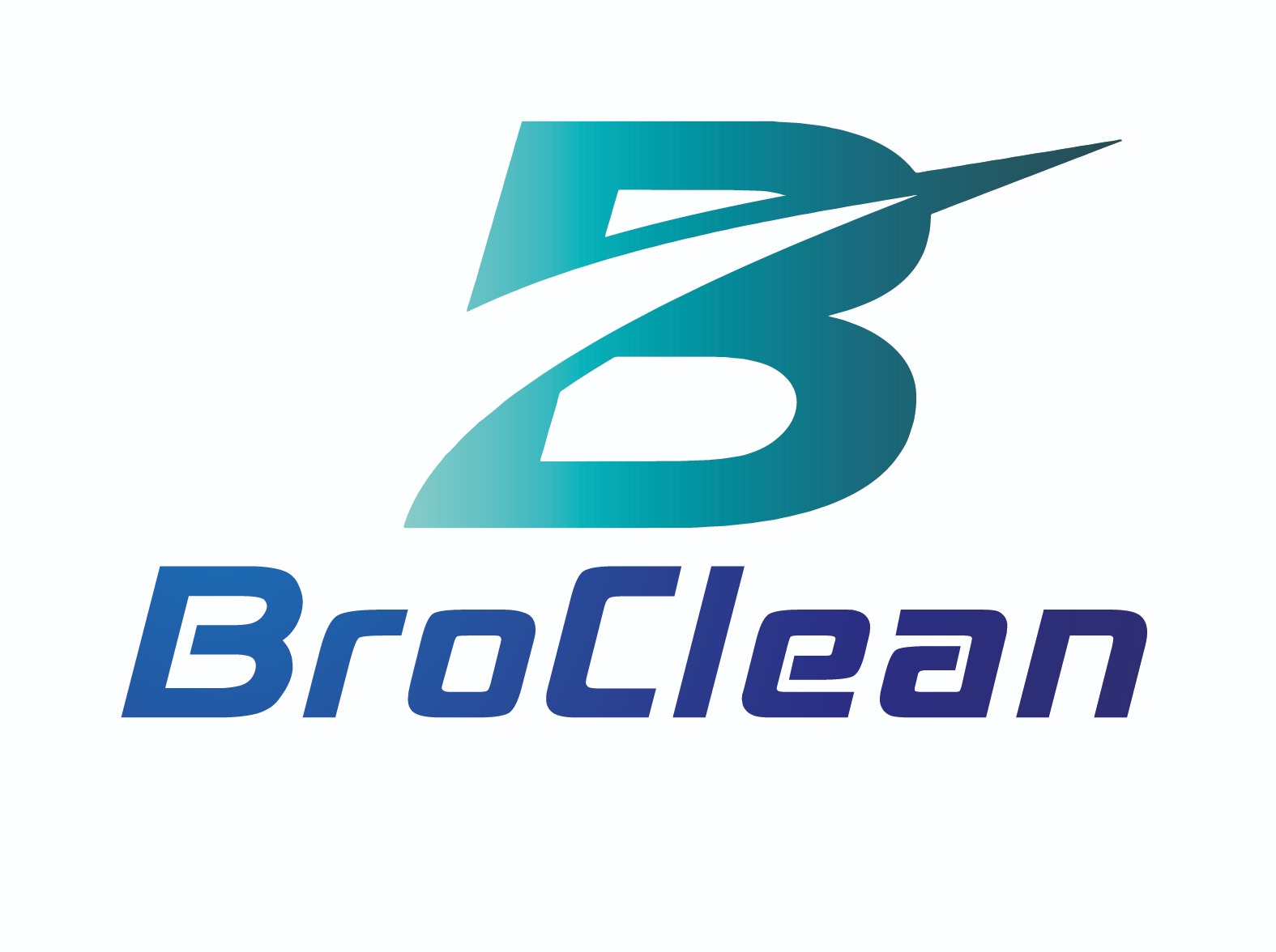 Logo firmy sprzątającej BroClean z gradientowym niebiesko-zielonym symbolem w kształcie litery B z motywem strzały.