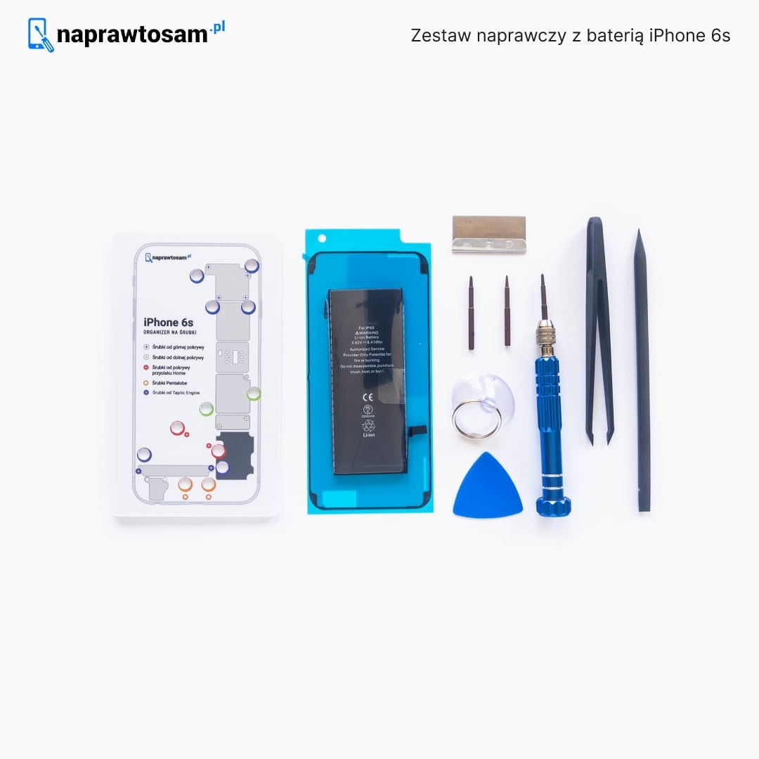 Zestaw naprawczy baterii iPhone 6s z organizerem śrubek, narzędziami i przyssawką, oferowany w Poznaniu.
